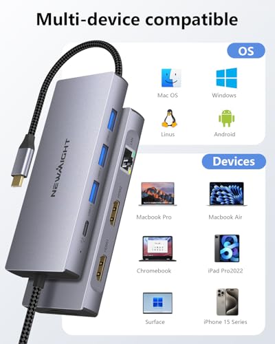 USB C Docking Station, Newmight 9 in 1 Dual HDMI Hub Adapter Type C to Ethernet RJ45 Gigabit PD 100W SD TF Card Reader Compatible with DELL/HP