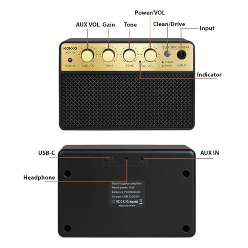 Amplificador de Guitarra Elétrica Portátil com Bateria Recarregável, Bluetooth, Entrada AUX, Saída para Fones, 10W de Potência, Design Compacto Ideal para Prática em Casa, Estúdio e Viagens