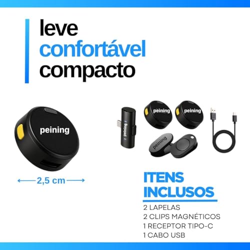 Microfone de Lapela Sem Fio Bluetooth Kit 2 Microfonones Abafamento de Ruído Até 10 Horas Tempo de Trabalho Compatível com Camera, iPhone, Android, PC - Conexão Android e USB-C - Linha Peining Premium