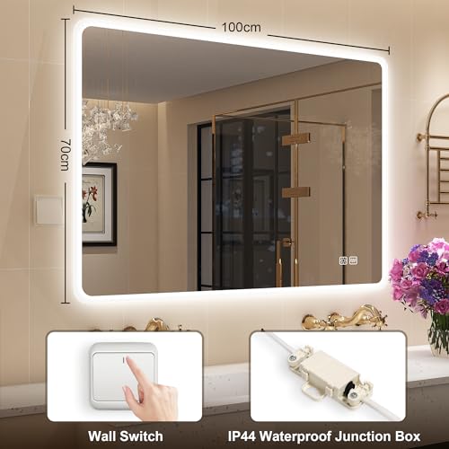 STARLEAD 100 x 70 cm Mirror-LED-Bathroom-with-Lighting, Dimmable, 3 Light Colours, Anti-fog, Memory, IP44 Tempered Glass HD Wall Mirror, Horizontal/Vertical