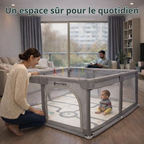 KIZTEKK - Baby Playpen 150 x 150 cm - Baby Playpen with Foldable Floor Mat - Large Secure Space - Reinforced Protection - 360° Visibility - 2 Storage Bags Included - 4 Support Rings