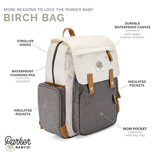 mochila parker para pañales para bebés - bolsa grande para pañales con bolsillos aislantes, correas para el cochecito y cambiador - 