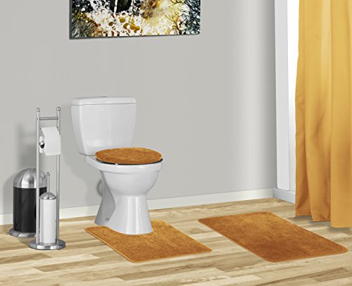 Brandy 3 Piece Solid Frieze Bathroom Rug Set, Bath Mat, Contour, Toilet Seat Lid Cover (Gold)