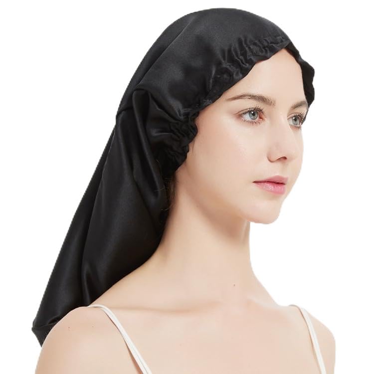 Pure Mulberry Silk Long Hair Bonnet, Protects Hair from Dryness and Frizz Overnight (Black)