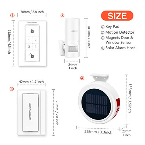 Wireless Outdoor Solar Powered Burglar Home Security Alarm Siren, Waterproof RV Alarm DIY Driveway Alert System with 2 Motion Detector, 1 Door Sensors and Remote Controls