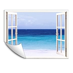Wall Murals for Bedroom Fake Window Beach White Window Removable Wallpaper Peel and Stick Wall Stickers - 24x32 inches
