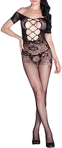 Myhope Women Lingerie Pantyhose Open Crotch Half sleeve Bodysuit Lace Flower Fishnet Bodystocking