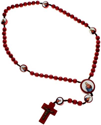 Red Wooden Sacred Heart Rosary Beads with Madonna and Christ Junction