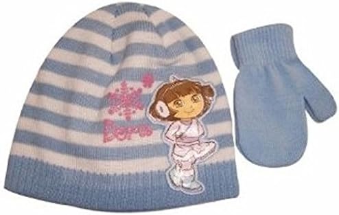 Nick Jr. Dora the Explorer Girl's Blue Beanie Knit Hat and Mitten Set- Toddler