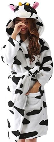 GGTFA Animal Cartoon Fleece Warm Hooded Bathrobe Robes Gown Nightwear Cosplay Costume Cow S