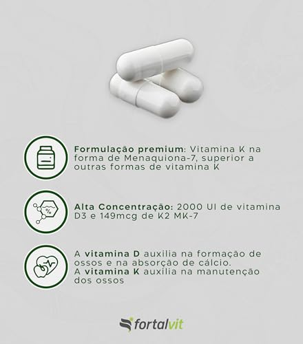 Vitamina D3 + K2 120 Cápsulas 4 Meses de Uso Longa Duração, 2000UI D3 149mcg Vitamina K2 MK-7, Fortalvit