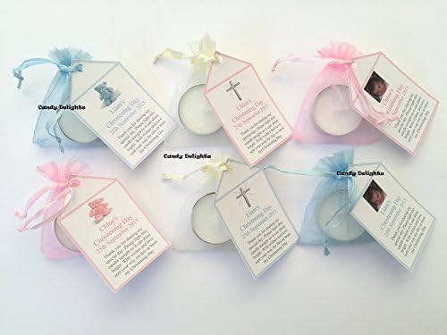30 Christening Day DIY Organza bag, Candle & Personalised Tag Favours with photo FREE P&P