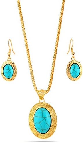 Jewelry11 Gold-Tone Metal Turquoise Earrings And Adjustable Lobster Claw Closures Pendant Neckaces Gift for Her