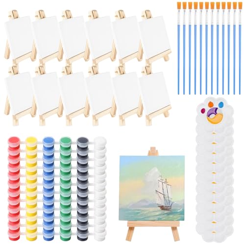 60 Pieces Mini Canvas Art Easel 12 Small Triangular Artist Easels with 12 Canvases, 12 Brushes and 12 Paint Palettes and 12 Watercolor for Fans and Artists