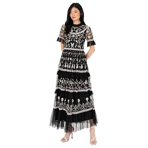 Maya Deluxe Robe midi pour Femme - Ruffle Frilly Floral brodé - Balle à Niveaux - pour Mariage, invité, Bal de Promo, soirée, Noir, Taille 40, Noir, 42