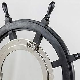 Nagina International 24" Premium Matte Black Solid Wood Pirate's Ship Wheel with 10" Aluminum Polished Porthole Mirror | Captain's Maritime Beach Home Decor 41ZTrGdG2QL