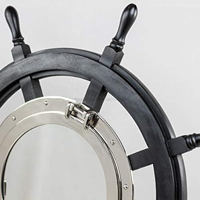 Nagina International 24" Premium Matte Black Solid Wood Pirate's Ship Wheel with 10" Aluminum Polished Porthole Mirror | Captain's Maritime Beach Home Decor 41ZTrGdG2QL