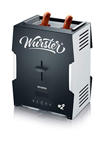 SEVERIN WURSTER, perfekt gebräunte Würstchen auf Knopfdruck in nur 5 Minuten, ohne Zugabe von Fremdfett, inkl. Holzzange, Schwarz, Edelstahl/Kunststof