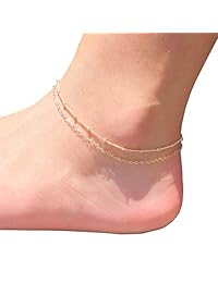Colrov - Tobilleras de capas para mujer, oro de 14 quilates, pulsera de tobillo delicada con cuentas