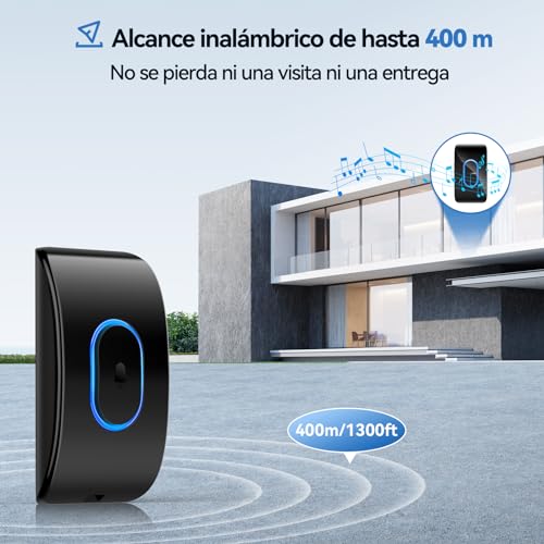 TECKNET Wireless Doorbell Outdoor Waterproof, IP65 Waterproof Doorbell 400M, 60 Melodies and 5 Volume Levels, 3 Working Modes, LED Indicator for Home, Living Room, Office - Black