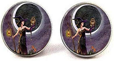 Wicca Cat and Moon Vintage Glass Earrings Jewelry Glass Picture Jewelry