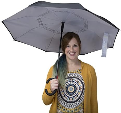 Inverted Umbrella Automatic Opening Double Layer Reversible Wind-Proof, UV Proof Travel Umbrella with 'C' Shape Handle and Carrying Bag