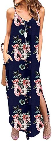 Sleeveless Strappy Cami Maxi Long Dress V Neck with Pockets Casual Beach Skirt Cover Up Slits
