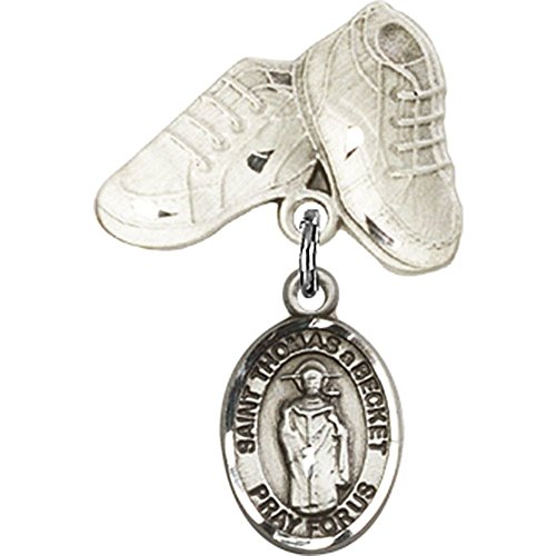 Sterling Silver Baby Badge with St. Thomas A Becket Charm and Baby Boots Pin 1 X 5/8 inches