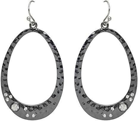 Seraphina New York Faceted Clear Glass Beads Pave Hammered Open Teardrop Dangle Fish Hook Women's Earrings (Hematite)