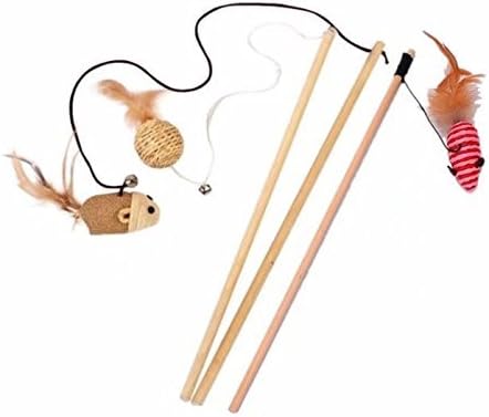 Cat Wood Wand Teaser Toy ,Best Cat Catcher Mice Natural Sisal Wand Teasers with Bell,Feather on Elastic String Keep Your Kittens Jumping and Pouncing