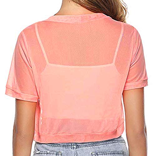 Summer Womens Tops Semi Sheer Short Sleeve Corp T-Shirt Chiffon Solid Basic Shrug Open Front Bolero Cardigan Tops Pink