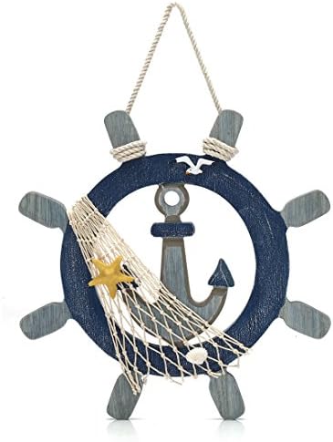 11.2" x 11.2" Nautical Wooden Captain Rudder Wall and Door Hanging Ornament Plaque,Welcome Sign with Cotton Rope and Fish Net (Anchor)