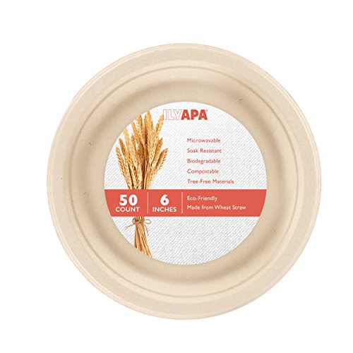 image for Ilyapa 50 Biodegradable Disposable Plates - 6 Inch Compostable & Micro
