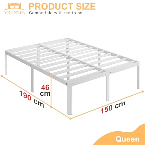 Yicensen Base Cama Queen de 46 cm de Altura, Metal Base Queen Size con Patas Redondeadas de Esquina, Plataforma Resistente Cama Muy Resistente Fácil Montaje, Sin Ruido, No Necesita Somier, Blanco
