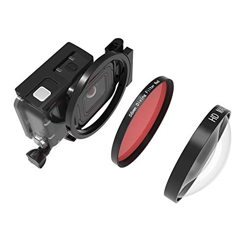 QKOO Professional Dive Lens Kit for GoPro Hero 7 Black/Hero (2018)/6 Black/5 Black Original Waterproof Super Suit Housing Case - 58mm HD Macro Lens Close-Up 24X Filter +Diving Red Filter +Adapter Ring