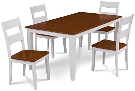 Trithi Furniture - Fullerton Solid Wood EXTENDABLE Dining Set with Chairs (White Table with White Wooden Seat Chair, 5)