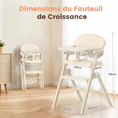 PAMPORPET Evolutionary Baby Highchair – From 6 Months Up to 90 kg – Folded High Chairs with Adjustable Seat/Footrest, Removable Tray and Cushion/5-Point Harness – Ergonomic Compliant (Beige)