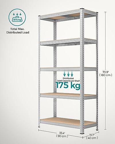 SONGMICS 5-Tier Storage Shelf, Adjustable Boards, Industrial Style, for Kitchen, Living Room, 40 x 90 x 180 cm, 875 kg Capacity, Silver GLR40SV