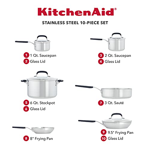 KitchenAid Cookware Pots and Pans Set, 10 Piece, Brushed Stainless