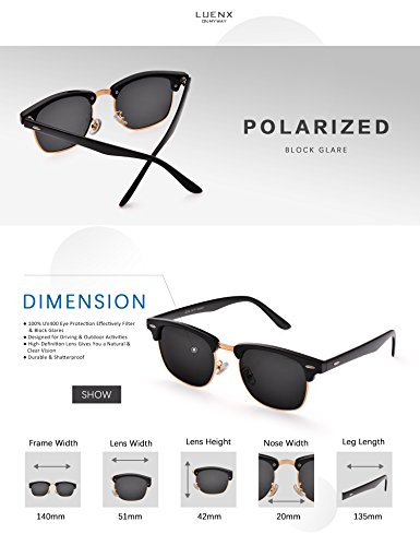 LUENX Men Semi Rimless Polarized Sunglasses UV 400 Protection Retro Classic Black Frame 51MM
