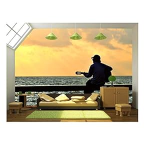 Man with Guitar at Sunset - Removable Wall Mural | Self-Adhesive Large Wallpaper - 66x96 inches