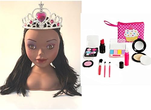 Pretend Makeup Cosmetic Kit and Cosmetic Bag Glitzy Girl Princess Styling Head -African American