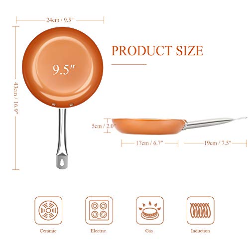SHINEURI Nonstick Frying Pan Copper Pan with Stainless Steel Handle Round Frying Pan for Broiling Steaming and Braising, Dishwasher Safe PFOA PTFE Free (9.5 inch)