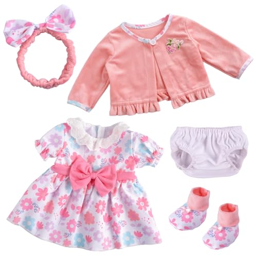BABESIDE 5-Piece Reborn Baby Doll Clothes Set Fits 17-22 Inch Dolls with Floral Dress, Headband, Coat, Baby Doll Reusable Diaper and Socks, for Girls Ages 3+