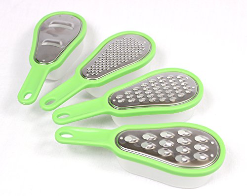 Premium Cheese Grater and Slicer with Storage Cup Set | Super Sharp Stainless Steel Blades | Easy to Grip Handle and Attached Convenient Storage Cup | Variety Bundle Set of 4 Different Blades and Cups