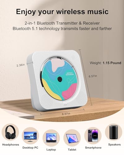 CD Player Portable with Bluetooth 5.1Desktop CD Player with HiFi Sound Speakers,Remote Control,Dust Cover,LED Display,Boombox FM Radio,USB/AUX for Home,Gift,Kids(White)