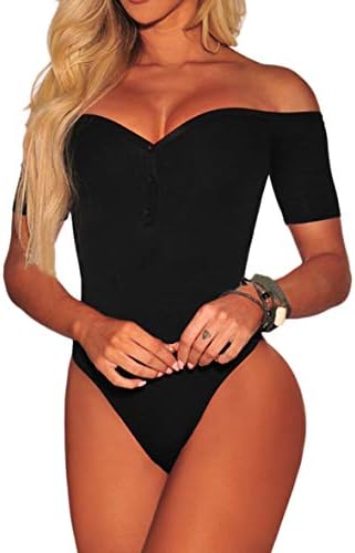 SlowTime Women Off Shoulder Short Sleeve Button Bodycon Stretchy Leotard Bodysuit Jumpsuits