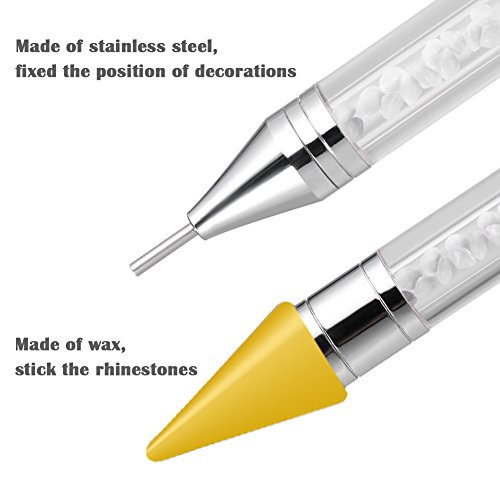 Dual Ended Nail Rhinestones Picker Pencil Dotting Pen Nail Art Design Studs Picker Crystal Beads Acrylic Handle Stainless steel and Wax Double Head Manicure Tool with Travel case (1pcs)