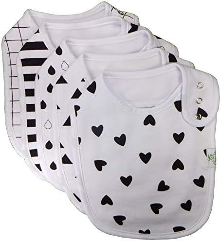 Simrez Extra Large Baby Bibs for Drooling Feeding Teething 100% Organic Cotton on Front Soft Absorbent Fleece on The Back 3 Snaps 2 Layers Pack of 5 for Infant and Toddler (Black and White)