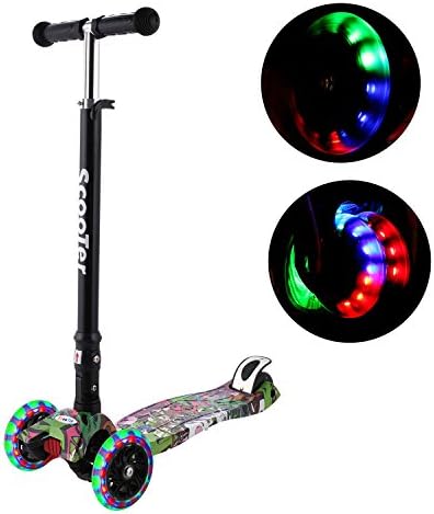 3 Wheel Kid Graffiti Scooter，Lululy 2018 New scooter For Kids &amp;Small Adjustable Height Foldable Kids Scooter &amp; Flashing LED Light Wheels 3 PU Wheel Scooter for Child Girls Boys Age 3-15 year old